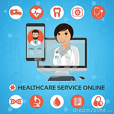 Healthcare service online. Medical consultation concept with fem Vector Illustration