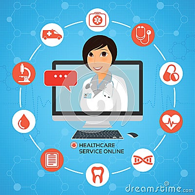 Healthcare service online. Medical consultation concept with fem Vector Illustration