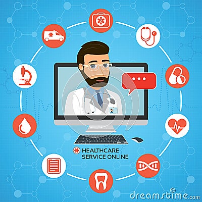 Healthcare service online. Medical consultation concept with male doctor on the computer screen. Vector Illustration