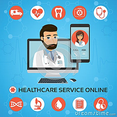 Healthcare service online. Medical consultation concept with male doctor on the computer screen. Vector Illustration