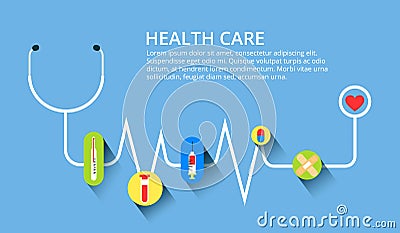 Healthcare, stethoscope, cardiogram, health monitoring, concepts set. Modern flat design concepts for web banners, web Vector Illustration