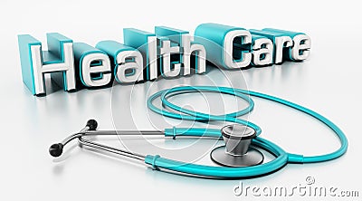 Healthcare text and stethoscope isolated on white background. 3D illustration Cartoon Illustration