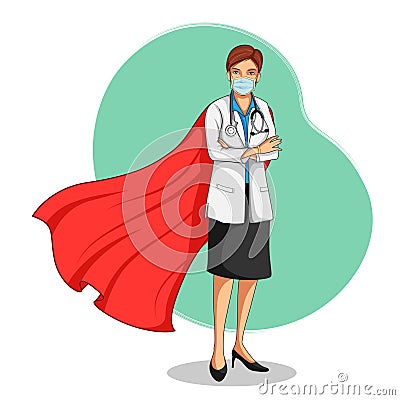 Healthcare worker Doctor in Superhero costume showing their powerful contribution towards society Vector Illustration