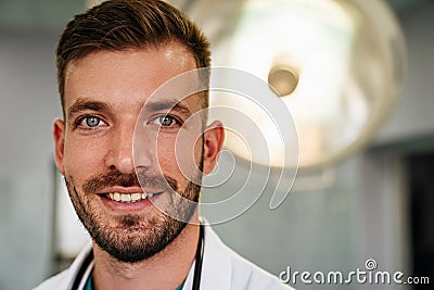 Doctor holding stethoscope in hospital. Healthcare workers, coronavirus and insurance concept. Stock Photo
