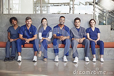 Healthcare workers sitting in a modern hospital, low angle Stock Photo