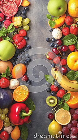 Healthful mix Fresh and diverse array of fruits and berries Stock Photo