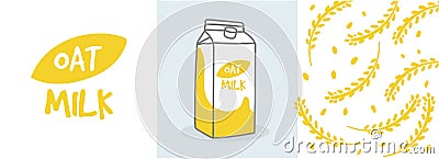 Healthful Oat Milk in Tetra Pack and Spike Fescue Vector Illustration