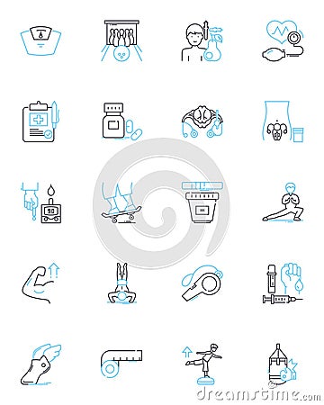 Healthfulness linear icons set. Wellness, Nourishment, Nutrient-dense, Cleanse, Hydrate, Fitness, Immunity line vector Vector Illustration
