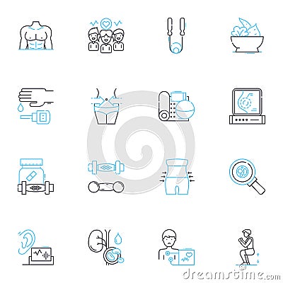 Healthfulness linear icons set. Wellness, Nourishment, Nutrient-dense, Cleanse, Hydrate, Fitness, Immunity line vector Vector Illustration