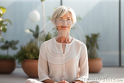 Healthy and Active Elderly Woman Engaging in Relaxing Yoga Practice at Home - Bright Daylight Photo Stock Photo