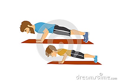 Healthy active family lifestyle, father and son doing push ups exercises workout together Vector Illustration