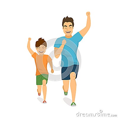 Healthy active family lifestyle, father and son running jogging together, isolated vector illustration front view Vector Illustration