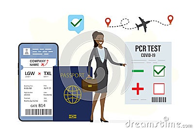 Healthy african american woman holds negative PCR test for coronavirus. Happy female tourist with passport ready to travel Vector Illustration