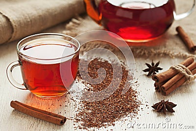 Healthy african rooibos tea in glass cup with Stock Photo