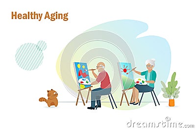 Healthy aging, senior lifestyle. Happy elderly couple painting canvas for relaxation and recreation activities Stock Photo