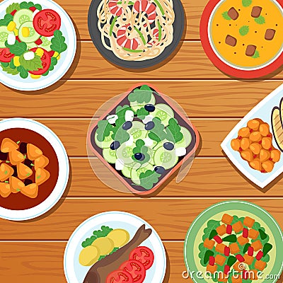 Healthy asian thai meal on table top. Vegetable, meat and fish food dishes vector illustration Vector Illustration
