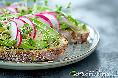 Healthy Avocado Toast with Radishes, Healthy Eating Concept Stock Photo