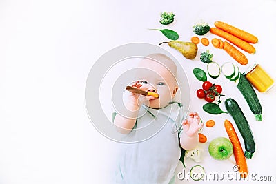 Healthy baby child nutrition, food background, top view. Stock Photo