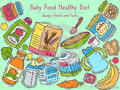 Healthy baby diet banner vector illustration. First meal for babies. Baby puree jars, sippy cups, drink bottles and Vector Illustration