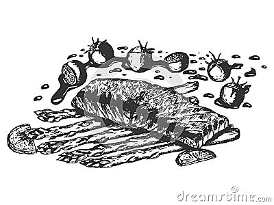 Healthy baked salmon on asparagus Vector Illustration