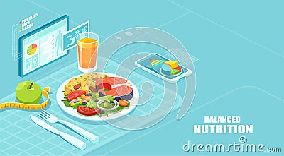 Isometric vector of a nutrition app showing nutrition facts and assisting in calories count of a meal Vector Illustration