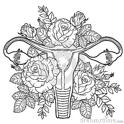 Healthy Beauty Female Reproductive System Made of Blossom Flowers. Vector coloring for adult Vector Illustration