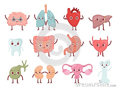 Healthy biological organ. Smiling lung, happy heart and funny brain. Smile organs cartoon isolated character vector set Vector Illustration