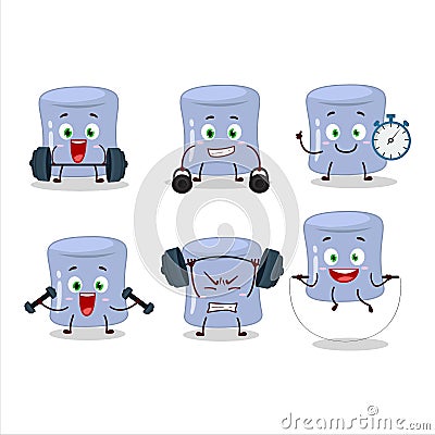A healthy blueberry marshmallow cartoon style trying some tools on Fitness center Vector Illustration