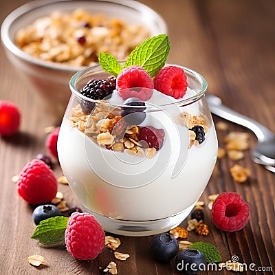 Healthy blueberry and raspberry parfait in a glass jar on a rustic wood background Stock Photo