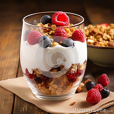 Healthy blueberry and raspberry parfait in a glass jar on a rustic wood background Stock Photo