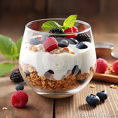 Healthy blueberry and raspberry parfait in a glass jar on a rustic wood background Stock Photo