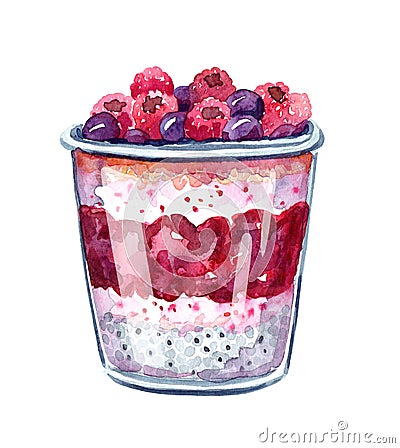 Healthy blueberry and raspberry parfait Cartoon Illustration