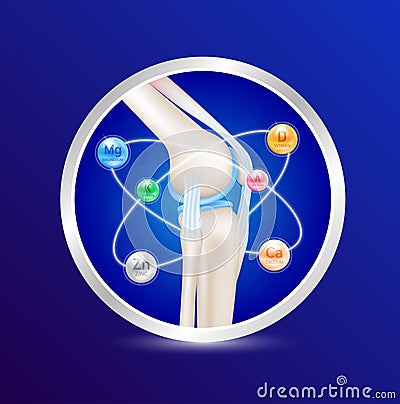 Healthy bone inside label aluminum. Mineral calcium, magnesium, zinc, vitamin. Radius ring surrounds. Help heal arthritis knee joi Vector Illustration