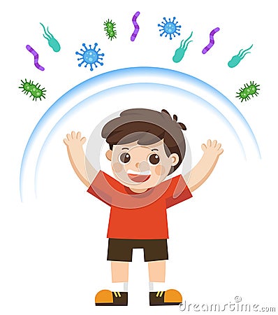 Healthy Boy reflect bacteria attack. Vector Illustration