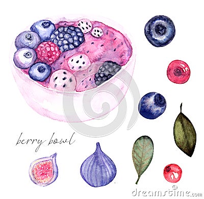 Blueberry smoothie with banana watercolor Stock Photo