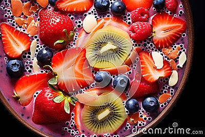 Healthy breakfast bowl with fresh berries - strawberries, blueberries, kiwi and almonds, balanced diet nutrient-rich, close-up Stock Photo