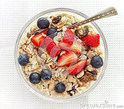 Healthy breakfast, bowl of muesli with milk Stock Photo