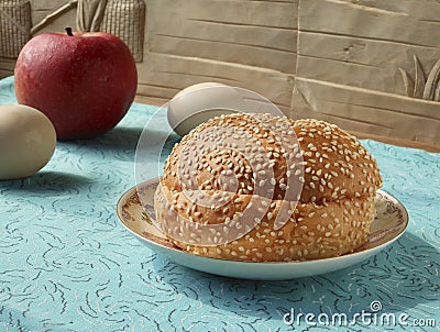 Healthy breakfast burger and eggs Stock Photo