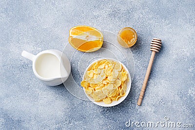 Healthy Breakfast of cereals, milk, honey and fruit. Balanced diet Stock Photo