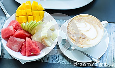 Healthy breakfast with coffee in sunny morning. Balanced diet. Stock Photo