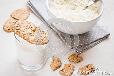 Healthy breakfast with cottage cheese, grain cookies, milk Stock Photo