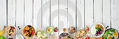 Healthy breakfast food banner with bottom border of fruits, yogurt, smoothie bowl, nutritious toasts, cereal and egg skillet, top Stock Photo