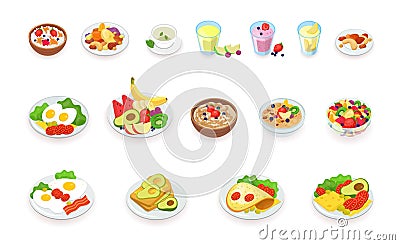 Healthy breakfast food icons collection. Muesli, cereal, fruits and berries, nuts, eggs, omelet, avocado, smoothie Vector Illustration