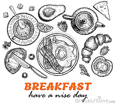 Healthy breakfast frame. Morning food menu design. Breakfast dishes collection. Vintage hand drawn sketch, vector Vector Illustration