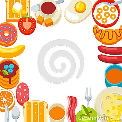 Healthy breakfast frame. Various food and drinks. Illustration for cafes, restaurants and hotels. Vector Illustration