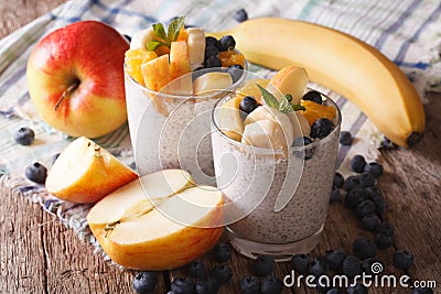 Healthy breakfast: fruit, yogurt, and chia seeds in a glass. hor Stock Photo