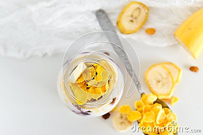 Breakfast in a jar: cereal, banana, berries, granola. The concept of healthy eating, high-carbon Breakfast. Stock Photo