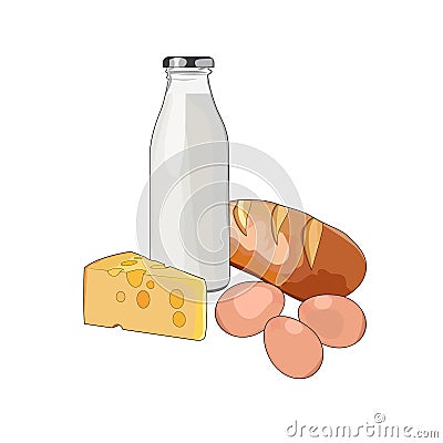 Healthy breakfast milk, bread, eggs, cheese. Protein farm food. Vector graphic illustration Cartoon Illustration