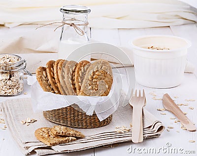 Healthy breakfast with milk and wholegrain cookies Stock Photo