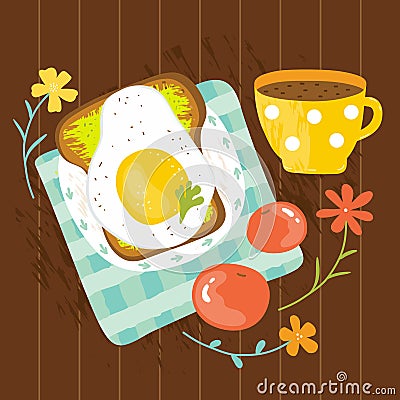 Healthy Breakfast in the morning served with fried egg, avocado, tomato, sandwich, coffee. Good morning food menu in summer. Cartoon Illustration